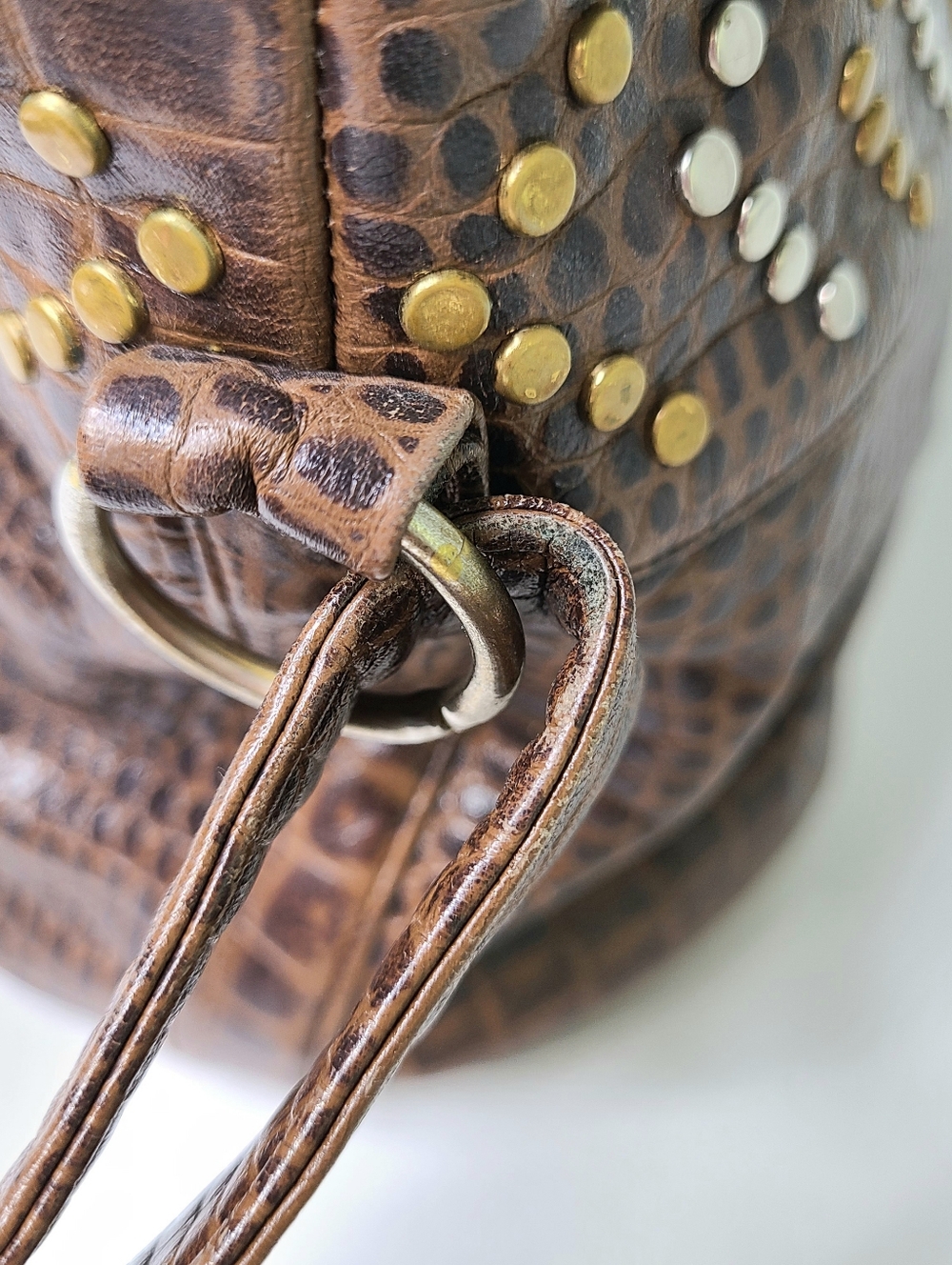 Sharif Made in USA Studded Fold Over Drawstring Vintage Leather Bucket Bag - Picture 8 of 12